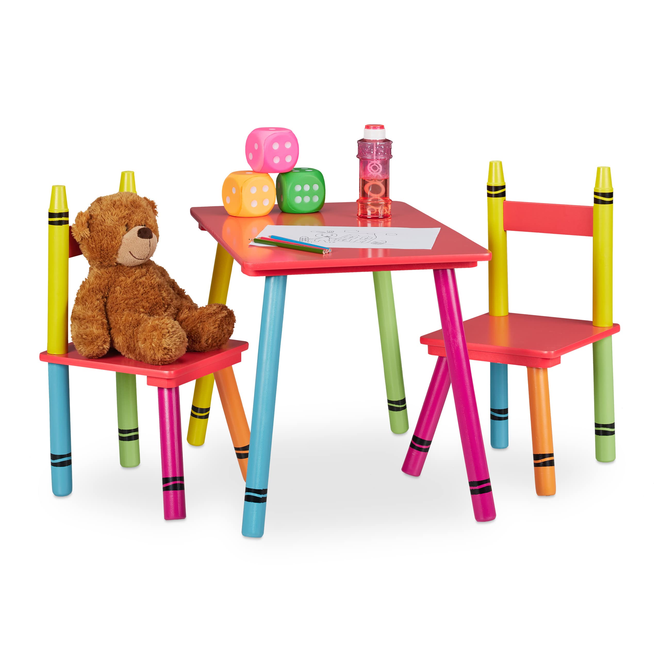 Relaxdays Sedia e Tavolo per Bambini con Tavolino e 2 Seggioli, MDF e Legno di Pinus, Colorate